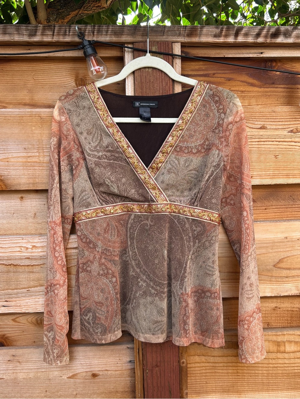 Y2K INC Brown Paisley Floral Metallic Beaded Long Sleeve Blouse Medium